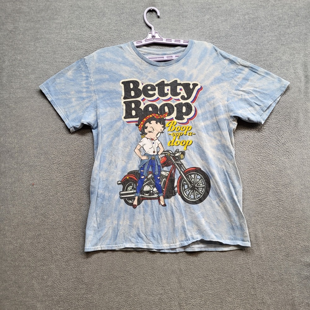 Betty Poop Women Top Large Blue Tie Dye Shirt Motorcycle Logo Short Sleeve Tee